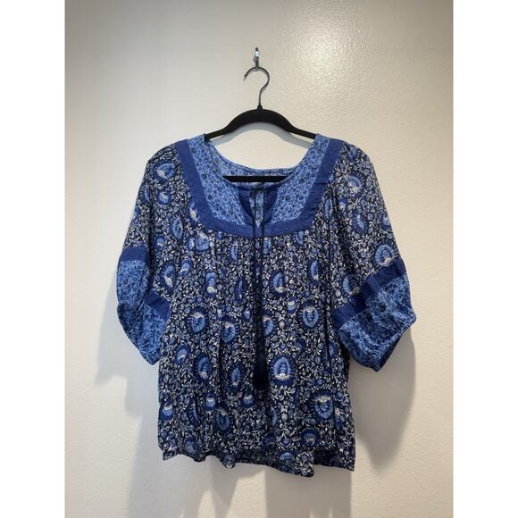 Old Navy Blue Floral Women’s Size Medium Peasant Top Boho Bohemian Tassels - Picture 1 of 6